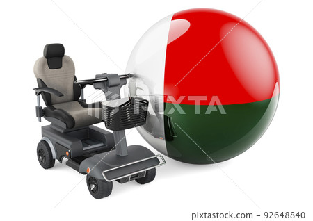 Madagascar flag with indoor powerchair or electric wheelchair, 3D rendering Madagascar flag with indoor powerchair or electric wheelchair, 3D rendering 92648840