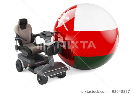 Omani flag with indoor powerchair or electric wheelchair, 3D rendering Omani flag with indoor powerchair or electric wheelchair, 3D rendering 92648857
