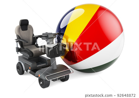 Seychelloise flag with indoor powerchair or electric wheelchair, 3D rendering Seychelloise flag with indoor powerchair or electric wheelchair, 3D rendering 92648872