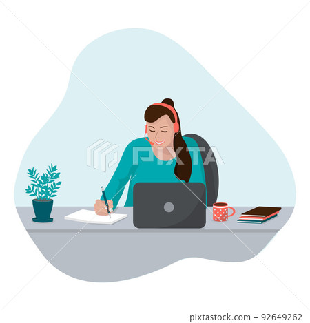 Online learning at home. Smiling student sitting at a table with a laptop. Concept of online education. Flat vector illustration. 92649262