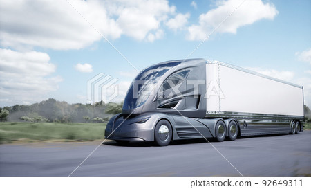 3d model of futuristic electric truck very fast driving on highway. Logistic, future concept. 3d rendering. 3d model of futuristic electric truck very fast driving on highway. Logistic, future concept. 3d rendering. 92649311