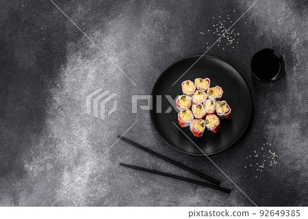 Crab sticks stuffed with rice, egg and green onions 92649385