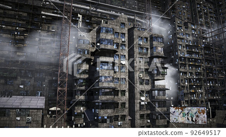 Apocalyptic city build. Overpopulation problem. Realistic 4k animation. 3d rendering. 92649517