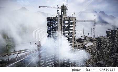Apocalyptic city build. Overpopulation problem. Realistic 4k animation. 3d rendering. 92649531