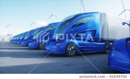 Futuristic electrick trucks on warehouse parking. Logistic center. Delivery, transport concept. 3d rendering. 92649760
