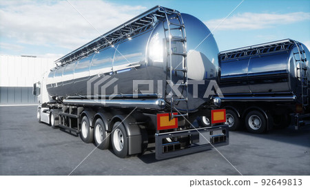 Generic 3d model of gasoline tanker on warehouse parking. Logistic center. Delivery, transport concept. 3d rendering. 92649813