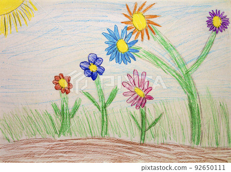 Pencil child hand drawn colorful flowers with green grass. Seamless drawn flower set. Cute painting spring and summer meadow. Children drawing in pastel colors. 92650111
