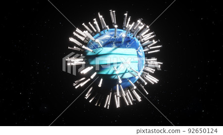Earth planet in medical mask and syringes. Covid vaccination concept. 3d rendering 92650124