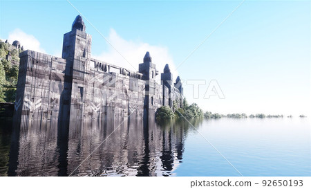Fantasy fairy cyberpunk castle, palace in ocean. Postapocalypde concept. 3d rendering. 92650193