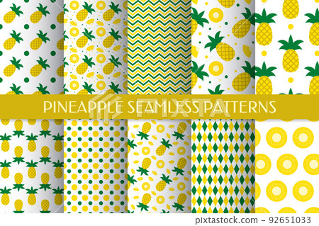 Set of 10 pineapple seamless patterns. Summer tropical fruit vector background bundle.  Vector template for fabric, textile, wallpaper, wrapping paper, etc 92651033