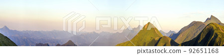 Carpathian mountain landscape in summer. Panoramic view. Sunset in Ukraine mountains. Wide panorama. 92651168