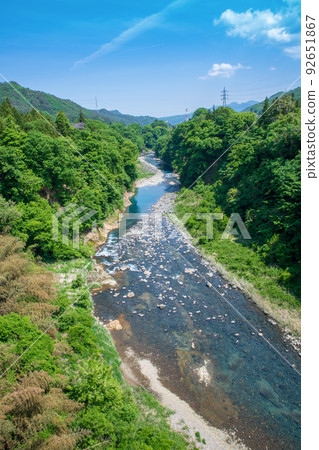 Azuma Gorge Scenery downstream from the Fureai Ohashi Bridge Fresh green season 92651867