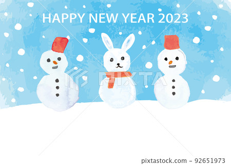 Watercolor rabbit snowman 2023 New Year's card template (horizontal) Watercolor rabbit snowman 2023 New Year's card template (horizontal) 92651973