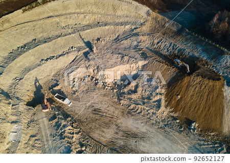 Aerial view of open pit mining site of limestone materials for construction industry with excavators and dump trucks 92652127