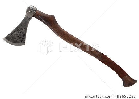 antique battle axe with wooden handle on white background antique battle axe with wooden handle on white background 92652255