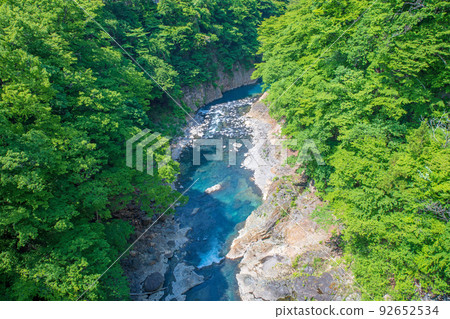吾妻峽大橋的吾妻峽谷風景 新鮮的綠色季節 吾妻峽大橋的吾妻峽谷風景 新鮮的綠色季節 92652534