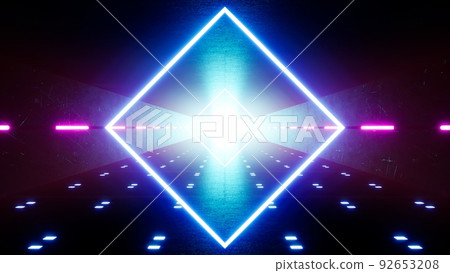 Diamond Shape Blue Light Structure in the Futuristic Neon Light Tunnel Diamond Shape Blue Light Structure in the Futuristic Neon Light Tunnel 92653208