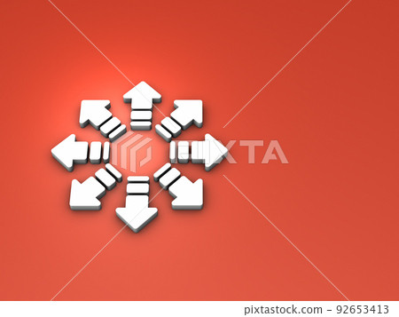 White arrows pointing outward in eight directions. Abstract concept representing future possibilities and choices. 92653413