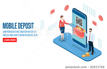 3D isometric mobile deposit and Money transfer concept for financial transaction, online cashback service, credit card payments.  Vector illustration eps10 92653788