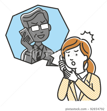 Illustration of a young female office worker who is deceived by a vicious trader or telephone fraud 92654792