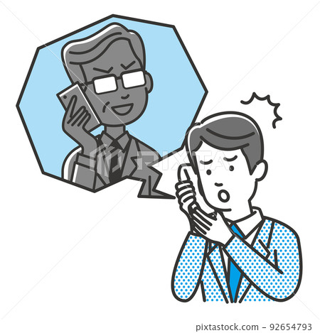 Illustration of a young male office worker deceived by a vicious trader or telephone fraud Illustration of a young male office worker deceived by a vicious trader or telephone fraud 92654793