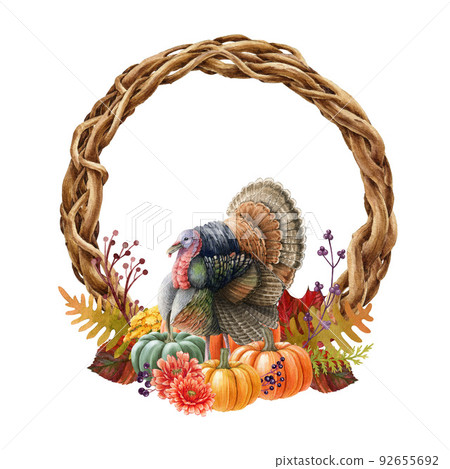Thanksgiving floral wreath decoration. Watercolor illustration. Hand drawn autumn twisted vine wreath with pumpkins, fallen leaves, berries, turkey farm bird. Thanksgiving vintage style decor 92655692