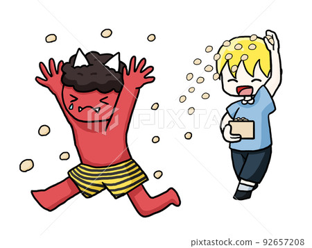 Illustration of a demon running away after being thrown beans by a white man Illustration of a demon running away after being thrown beans by a white man 92657208