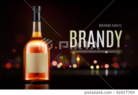 Brandy bottle mockup banner. Closed blank flask 92657764