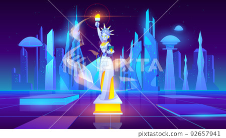 Statue of Liberty neon city futuristic background 92657941
