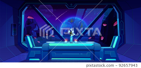 Futuristic cafe spaceship view on Earth at night 92657943