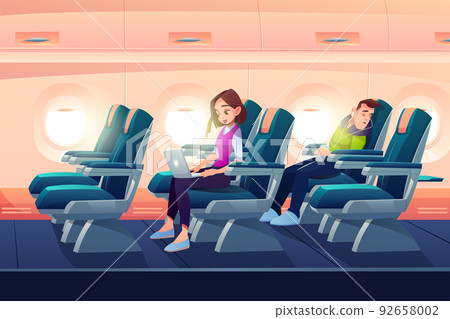Man sleep in airplane freelancer girl work laptop Man sleep in airplane freelancer girl work laptop 92658002
