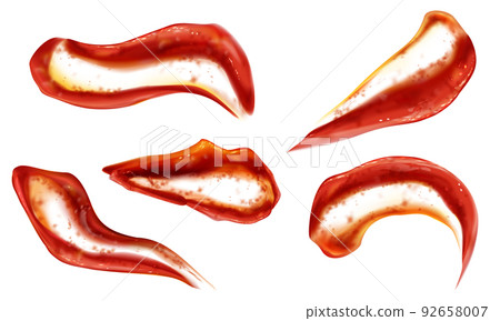 Ketchup splashes set top view, tomato sauce blobs 92658007