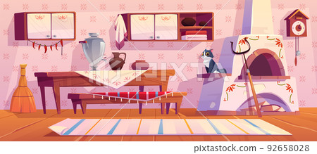 Old russian kitchen interior and traditional stove Old russian kitchen interior and traditional stove 92658028
