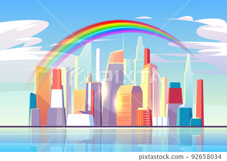 Rainbow above city skyline architecture waterfront 92658034