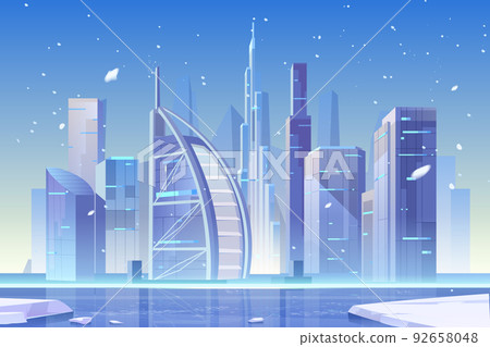Winter city skyline at frozen bay, architecture Winter city skyline at frozen bay, architecture 92658048