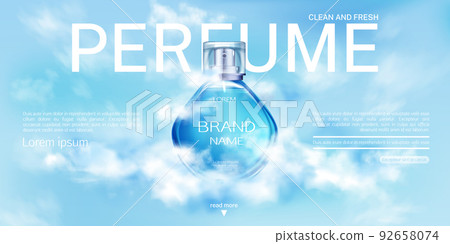 Perfume spray bottle in cloudy sky mock up banner. Perfume spray bottle in cloudy sky mock up banner. 92658074