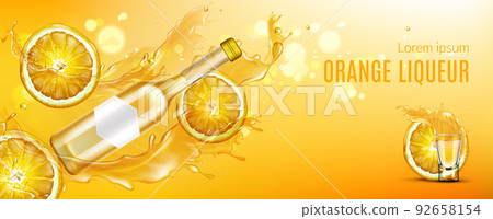 Orange liqueur bottle, shot glass and fruit slices Orange liqueur bottle, shot glass and fruit slices 92658154