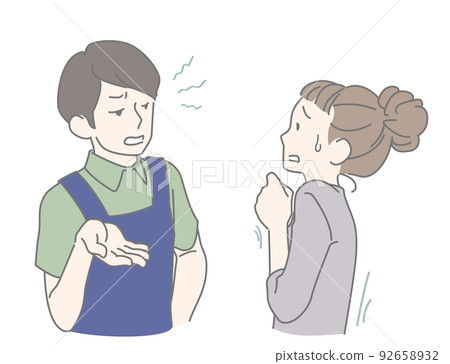 A young female customer who is frightened by the customer service of a cold, scary, and intimidating male clerk 92658932