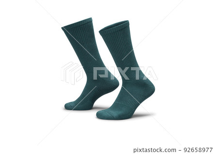 Pair of green cotton socks isolated on white. Set of short socks for sports as mock up and label for advertising, logo, branding. 92658977