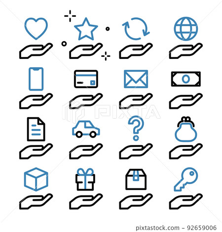 Icon set with various things floating on the palm Icon set with various things floating on the palm 92659006