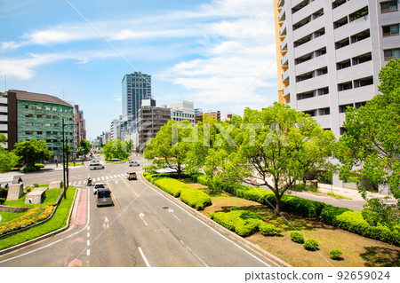A view of National Route 2 from the pedestrian bridge at the Tanaka-cho intersection on Peace Boulevard. You can see the Hilton Hotel. Hiroshima 92659024