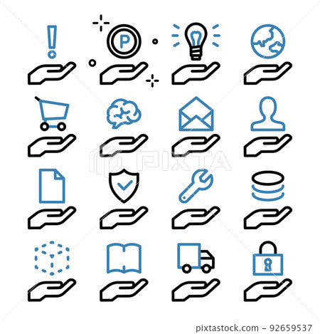 Icon set with various things floating on the palm 92659537