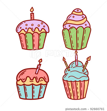 Set of cute cupcakes and muffins. Flat vector illustration 92660781