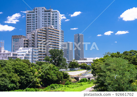 “東京”二子玉川都市風景、住宅區和河床 92661702