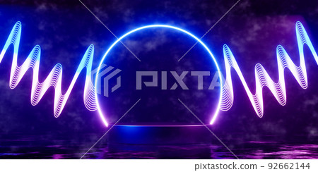 3d rendering empty cylinder podium with neon soundwave. Abstract scene for product display. 3d rendering empty cylinder podium with neon soundwave. Abstract scene for product display. 92662144