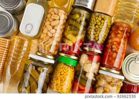 Emergency groceries food background flat lay 92662330