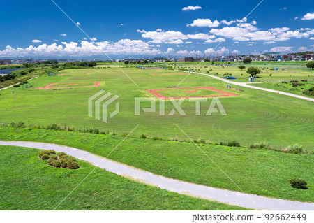 "Tokyo" Blue sky and white clouds, scenery of residential area and Tama River riverbed "Tokyo" Blue sky and white clouds, scenery of residential area and Tama River riverbed 92662449