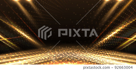 Elegant golden stage diagonal glowing with lighting effect sparkle on black background. Template premium award design. 92663004