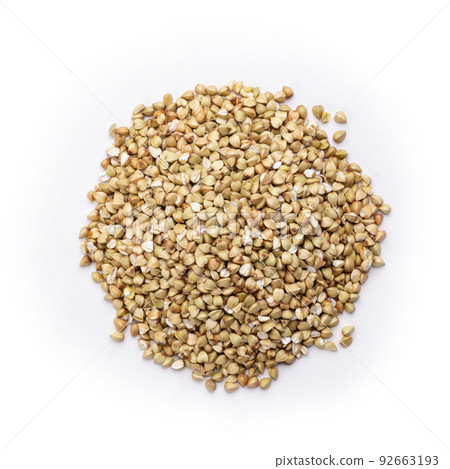 Pile of buckwheat seeds isolated on white background, closeup. 92663193
