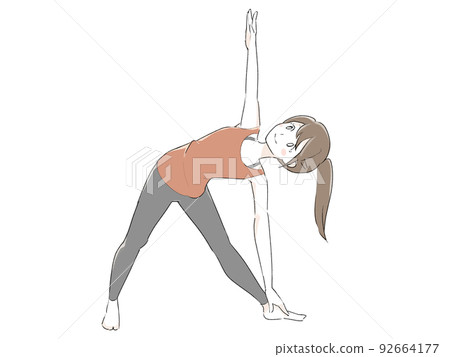 瑜伽 一個扎著馬尾辮的女人做三角姿勢 92664177